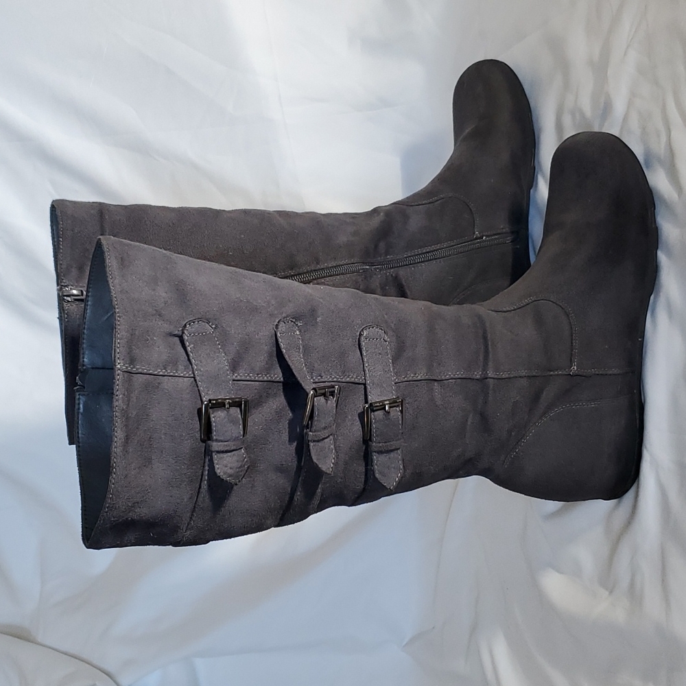 WANTED Gray Faux Suade Sadler 3-Buckle Tall Boots